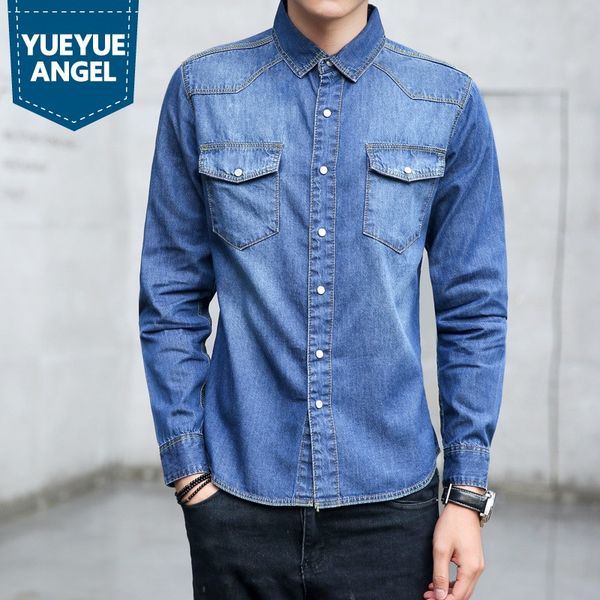 

autumn long sleeve denim shirt men washed slim fit casual high street single breasted blue work jean shirt male oversize, White;black