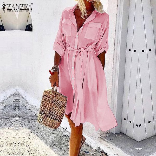 

zanzea plus size women summer sundress office lady work belted shirt dress womens casual buttons pockets vestidos party dresses, Black;gray
