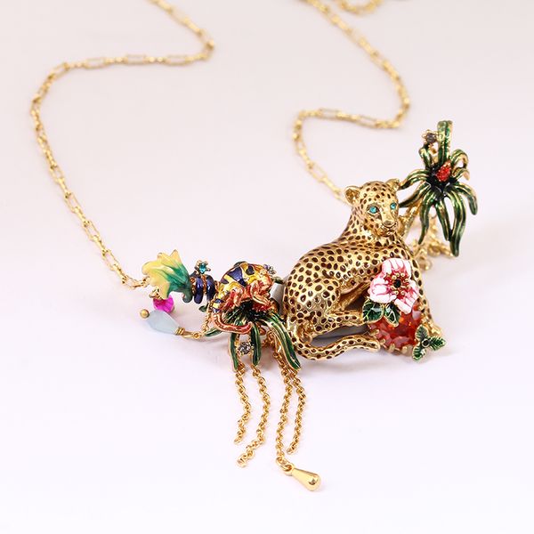 

juicy grape fashion leopard red crystal necklace tassels gold chain enamel flower pendants necklace for women fashion jewelry, Silver
