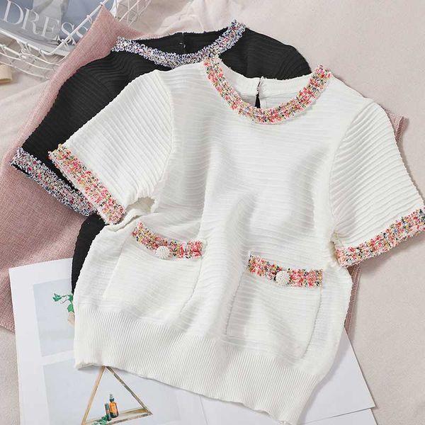 

women short sleeve black/white knitted women elegant double-breasted round neck patchwork sweater female 2020 new fashion, White;black
