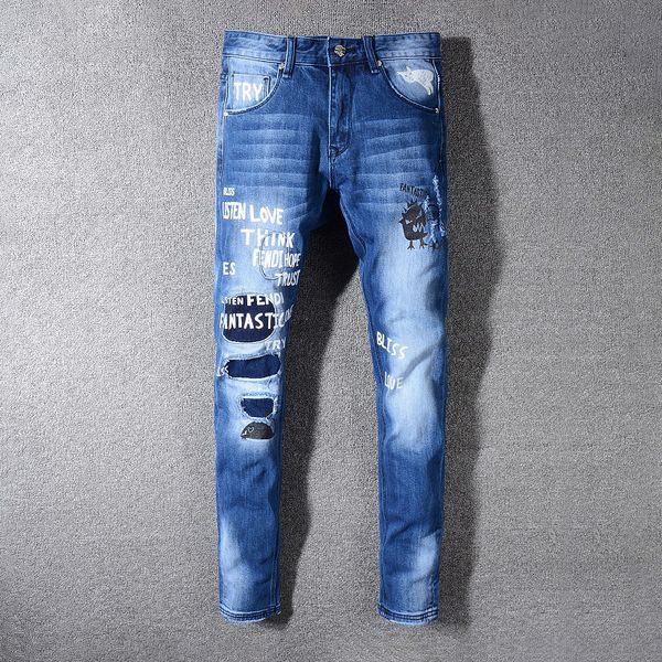 

дизайнерские джинсы для мужчин мода письма патч брюки роскошные модели мужские джинсовые жан для хип-хоп уличной одежды, Blue