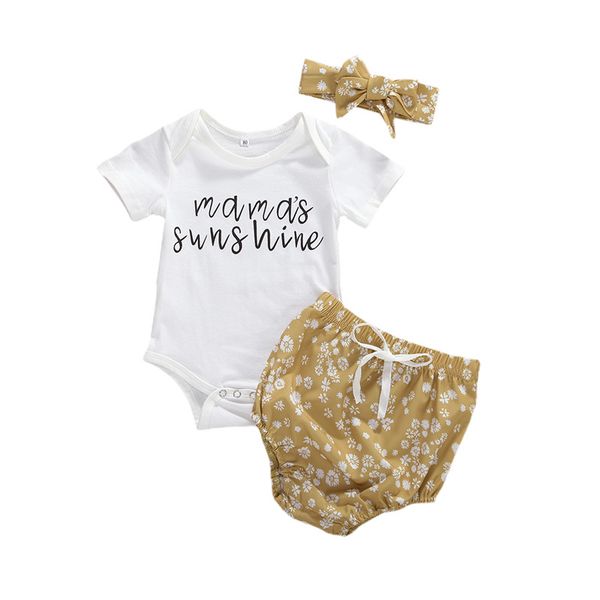 

newborn baby boy girl clothes set summer letter short sleeve romper floral shorts headband 3pcs outfit new born infant clothing, White