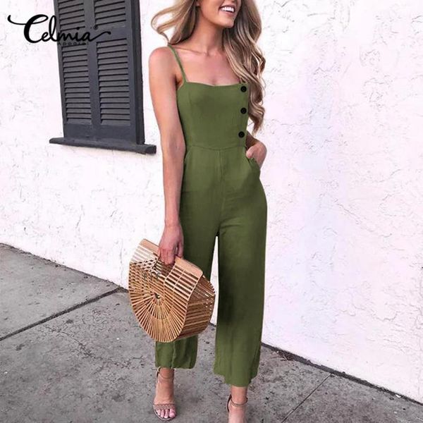 

women's jumpsuits & rompers women work celmia 2021 summer sleeveless spaghetti straps casual solid playsuits plus size overalls, Black;white
