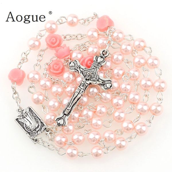 

6mm glass imitation pearl bead holy rosaries necklace with rose flower silver cross lourdes center rosary