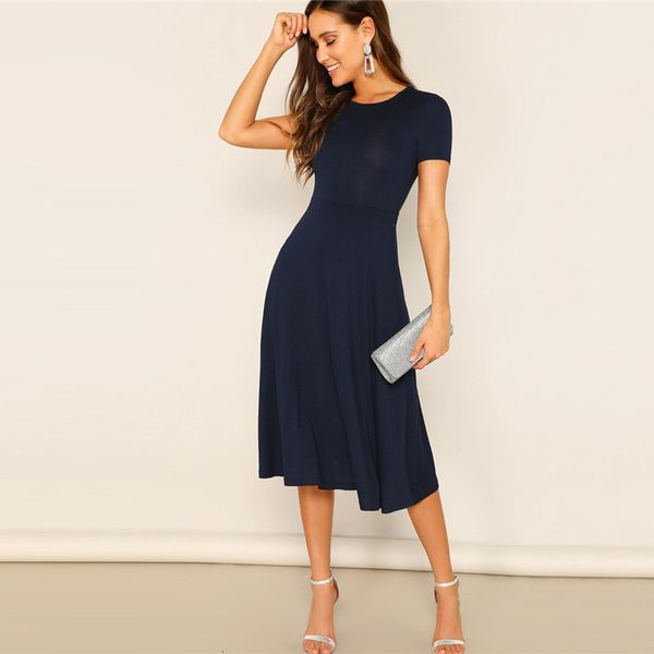 

summer dress womens clothes navy fit and flare solid dress elegant high waist a line dress 2019 summer stretchy ladies basics midi, Black;gray