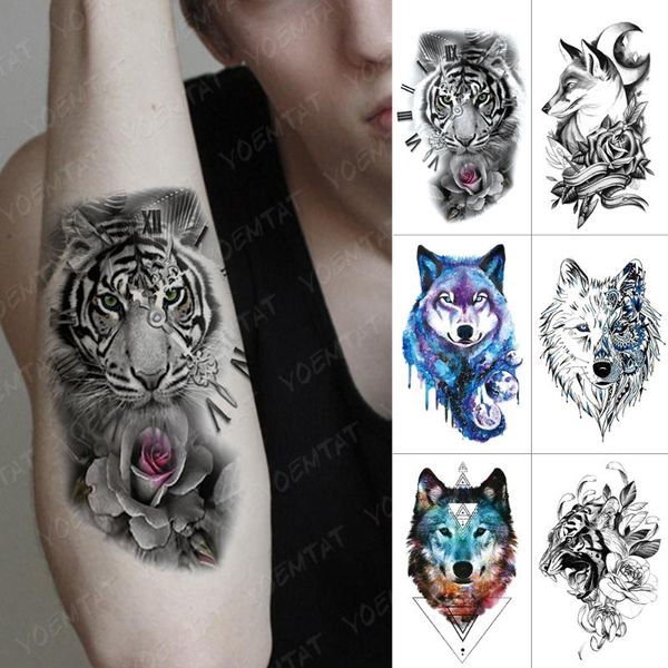 

waterproof temporary tattoo sticker forest clock flash tattoos wolf tiger lion body art arm water transfer fake tatoo men