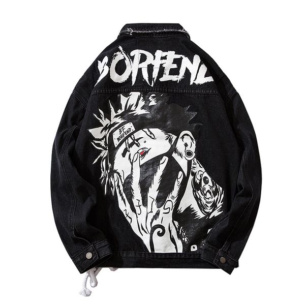 

2019 autumn new denim jacket male tide brand naruto print hip hop casual loose coats men, Black;brown