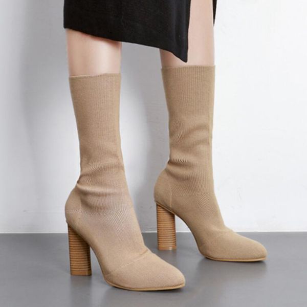 

knitting stretch socks boots chunky high heels slip on botas pointy toe slim european mid-calf botines ladies shoes, Black