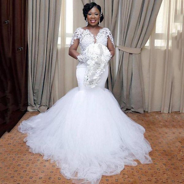 

2020 african lace appliques mermaid wedding dress long illusion sleeves bridal gowns white ivory vestido de novia