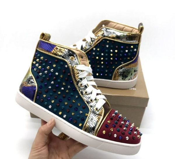 

color spike red bottom leather fashion designer shoes high cut spike sedue calf sneaker luxury party wedding shoes casual shoes, Black