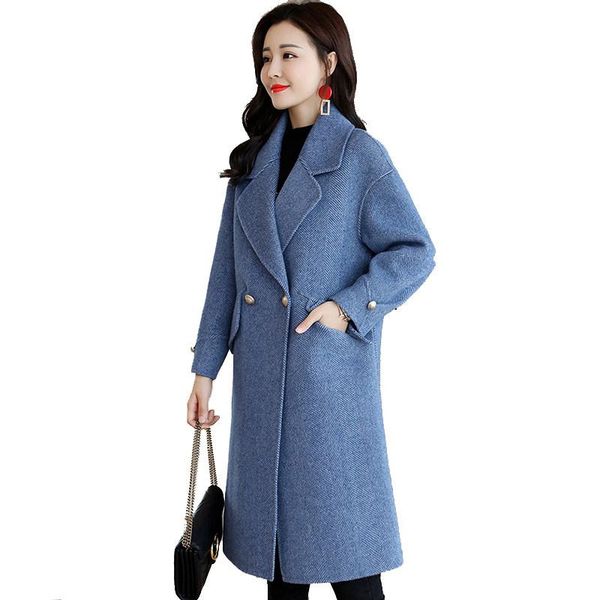 

2019 new autumn winter women double breasted casual cashmere woolen jacket female slim thicken wool blend long coats casaco j55, Black