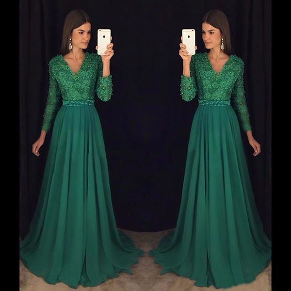 Primavera chiffon esmeralda verde mangas compridas uma linha plus size vestidos de baile profundo V Neck Pérolas Formal de noite formal personalizado feito SD3410