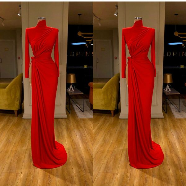 

red evening dresses high neck ruffles mermaid prom dress 2020 tulle custom made formal party gowns long sleeves, Black;red