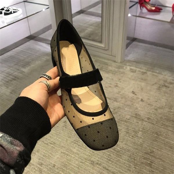 

spring summer retro style square toe black polka dot mesh women pumps breathable chunk high heels ankle strap lady dance dress shoes
