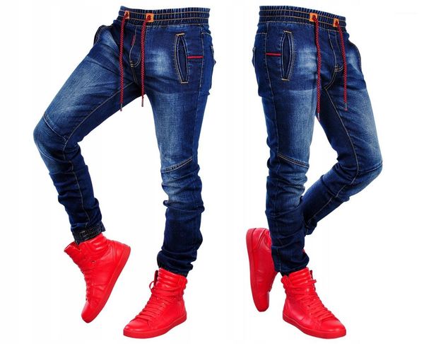 

pants stretch designer washed denim blue pants elastic waist jeans male clothing spring jogger