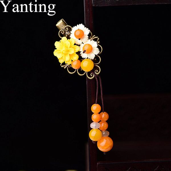 

yanting этнические волосы когти ручной работы старинные желтый камень украшения для волос классические украшения головной убор клип булавка, Golden;white