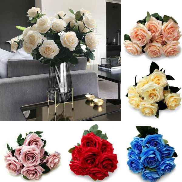 

Artificial 10 Head Fake Roses Silk Flower Bouquet Home Wedding Floral Decor