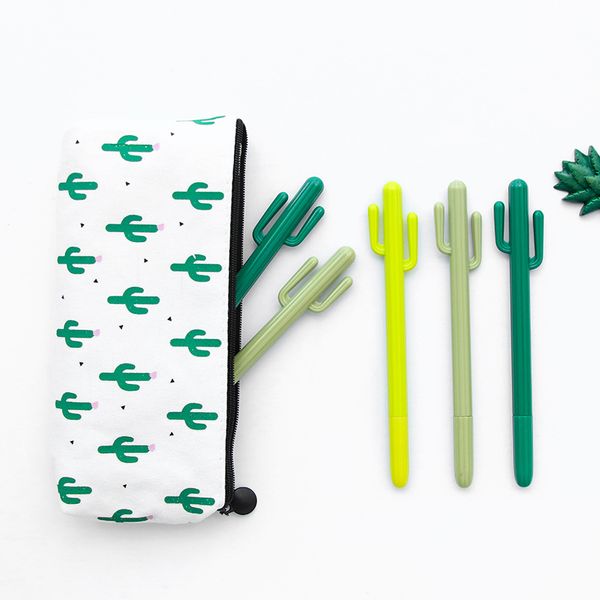 

3pcs cactus pen and pencil bag set ballpoint 0.5mm black color gel ink roller ball pens for writing school student a6296, Blue;orange