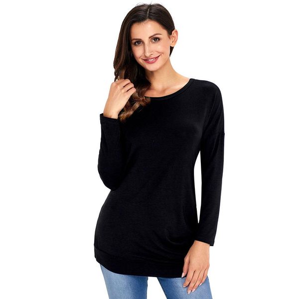 

wholesale 2018 autumn new style long sleeve round neck button decorated large size t-shirt ladies street style pure color coat, White