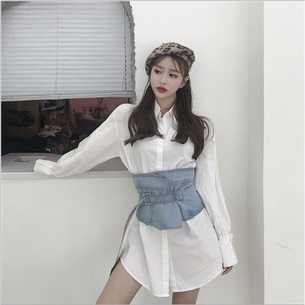 

women's white shirt dress denim belt size adjustable high street dress turn-down collar batwing sleeve 2019 autumn qv944, Black;gray