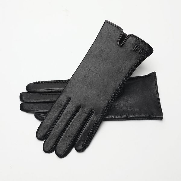 

leather gloves ladies autumn and winter outdoor riding touch screen sheepskin plus velvet warm windproof driving leather gloves, Blue;gray