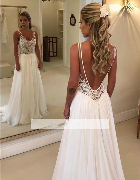 

elegant a line beach wedding dresses 2019 lace applique bodice ruched sheer v neck backless chiffon bridal gowns custom made, White