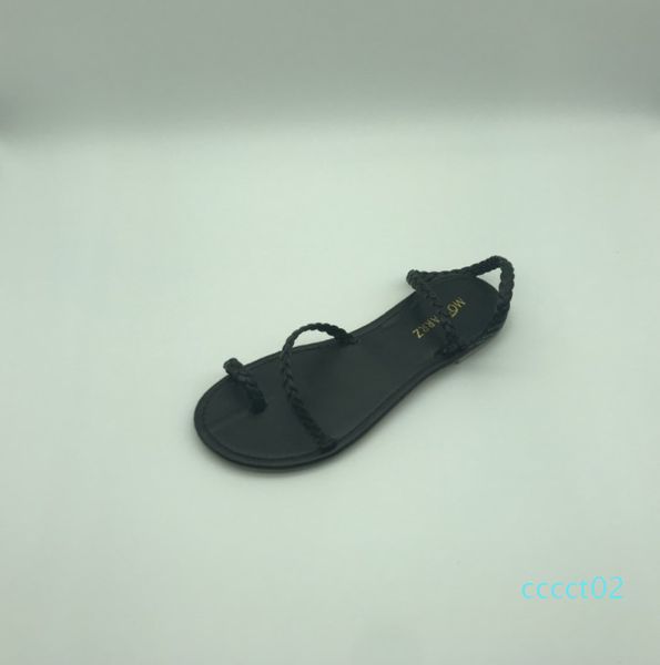 

fashion women beach open-toed cusp flat-soled sandals artificial pu knitting rome style beef tendon bottom leisure om ct2, Black
