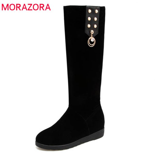 

morazora 2020 new fashion women's boots flock solid colors autumn winter boots slip on rivet casual shoes woman knee high, Black
