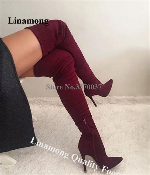 

women suede leather slim stiletto heel over knee boots pointed toe bandage long high heel boots evening shoes big size boot, Black
