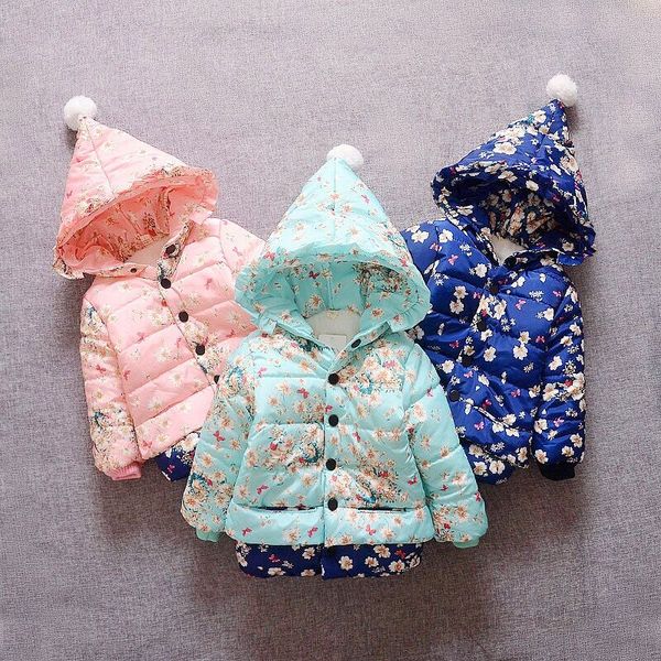

baby girls coat jacket children outerwear winter hooded coats edition plus velvet thick floral winter cotton jacket, Blue;gray