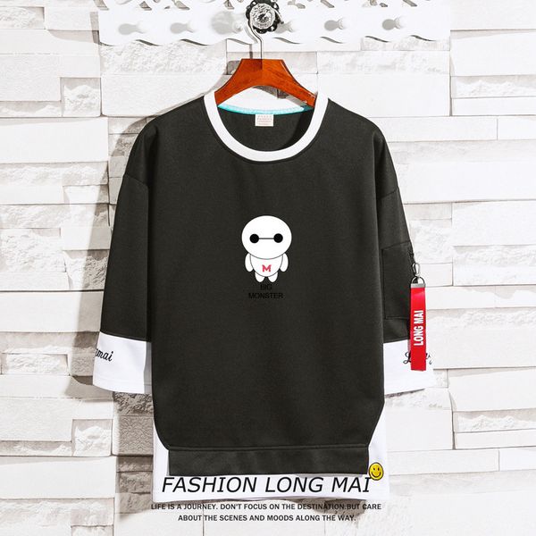 

mens designer hoodie loose sweater men's tide brand men's seven-point sleeve cartoon white fake two-piece pullover round neck, Black