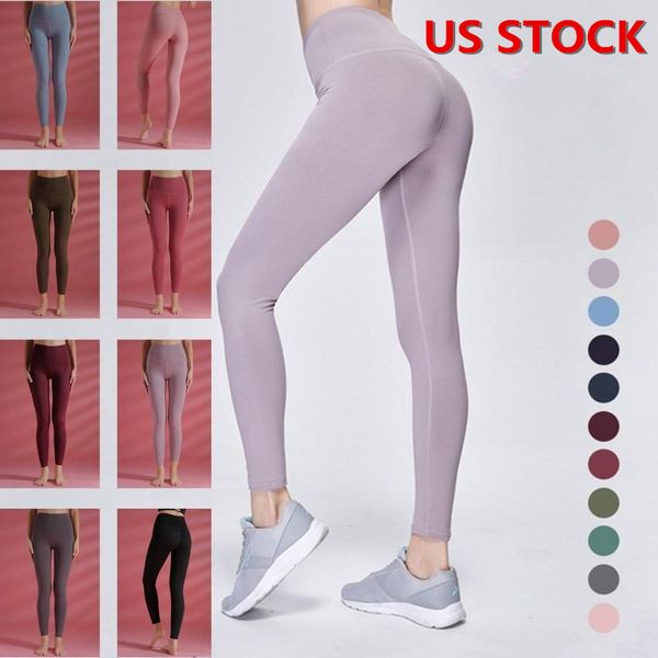 

lu-32 solid color women yoga pants high waist sports gym wear leggings elastic fitness lady overall full tights workout fy9001, White;red