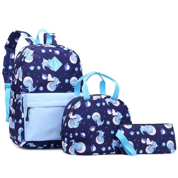 

d7 color small dinosaur three-piece primary and secondary school schoolbag children's lunch bag pencil case printing backpack