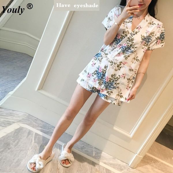 

women robe pajamas set 2019 autumn two pieces sets printed sleepwear cardigans shorts pajamas suits ladies nightwear, Black;red