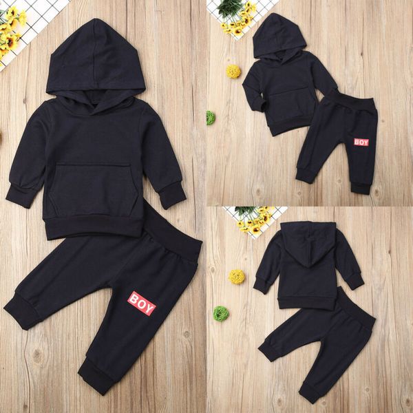 

emmababy newborn baby boys long sleeve solid color cotton hooded +long pants clothes toddler outfits set autumn, White