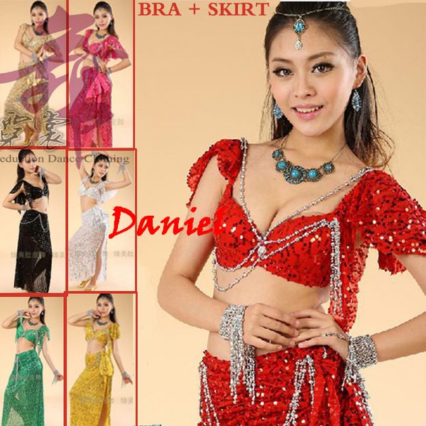 

2018 belly dance costume (bellydance bra+shiny skirts) bollywood dance costumes 8colors wear party dress tribal, Black;red