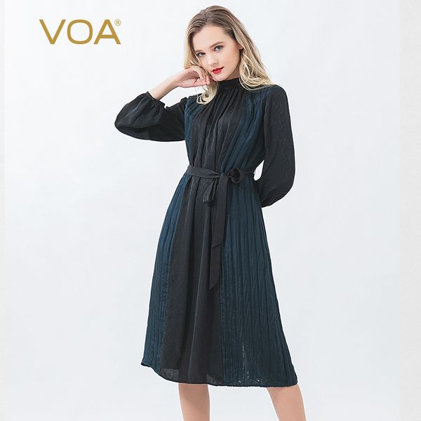 

voa silk half high collar long sleeve jacquard bumping panel pleated lace up waist show thin comfortable pullover dress a10780, Black;gray