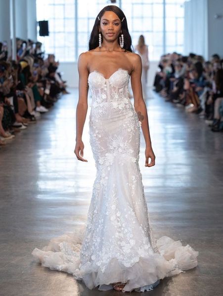 

2020 berta mermaid wedding dresses sweetheart sweep train 3d floral full lace trumpet church garden bridal wedding gown, White