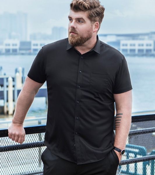 

2019 mens short-sleeved shirt solid color business men large size short-sleeved shirt european code fit male, White;black