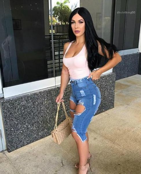 

blue ripped capris slim womens trousers female clothing burrs hole washed womens jeans with zipper light