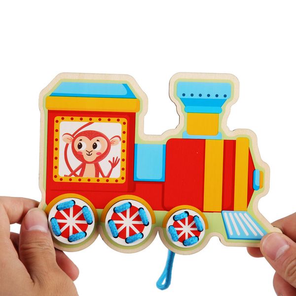 

children wooden building toy animal threading string lanyard jigsaw puzzle lacing of shoe lace shaper trinmmer shirts supplies