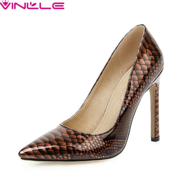 

vinlle 2020 fashion snakeskin pu leather women pumps pointed toe thin high heel shallow ladies single shoes big size 34-43, Black