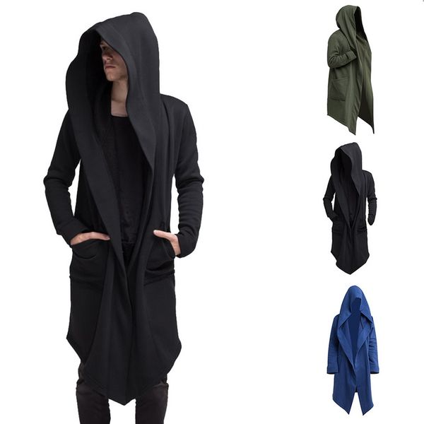 

oeak 2019 autumn winter men hoodies long cardigan coats casual hip hop solid jacket with pocket hooded slim fit outwear clothing, Black;brown