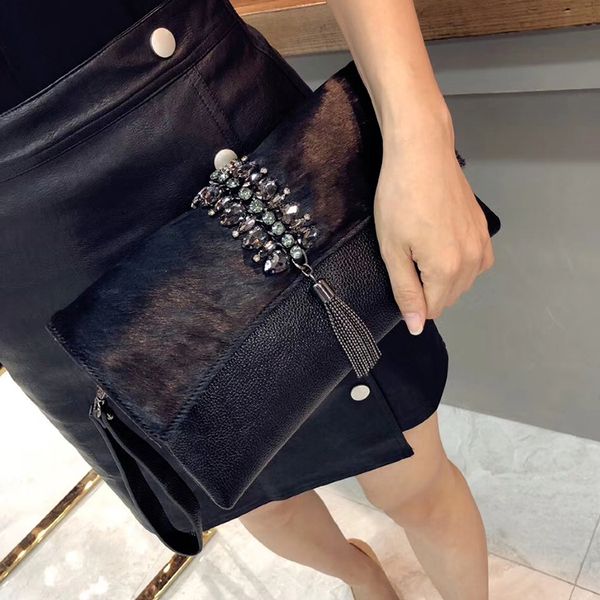 

fashion horse hair evening bags women diamonds envelope bag soft pu shoulder bag envelope purse lady party shoulder