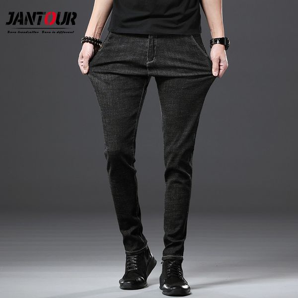 

jantour jeans men stretch solid black skinny 2019 spring new casual pants denim slim fit mens long trousers cowboys, Blue