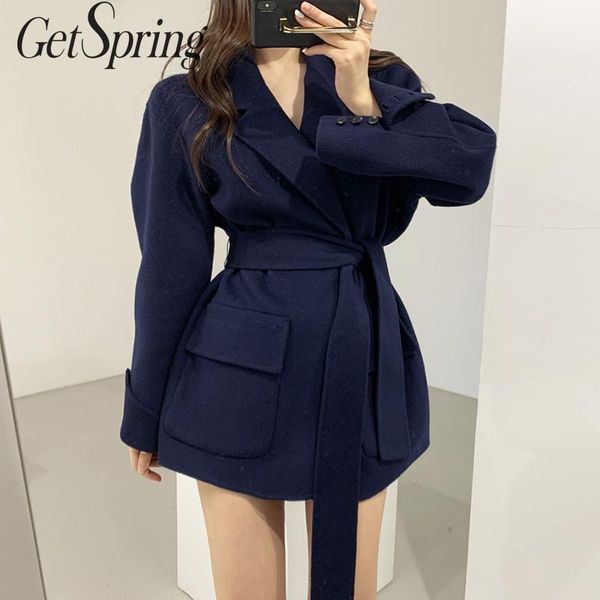 

getspring women woolen coat bandage vintgae winter woolen coat women dark blue yellow fashion winter 2019 new leisure, Black