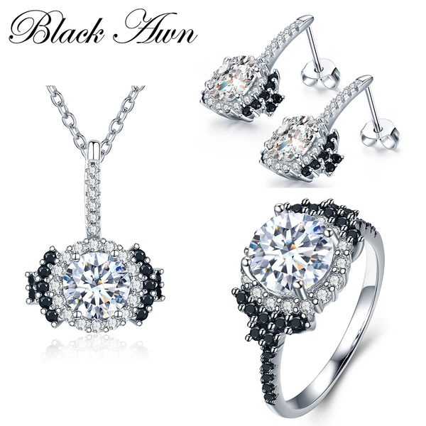 

black awn] 925 sterling silver fine jewelry sets trendy engagement sets necklace+earring+ring for women ptr021