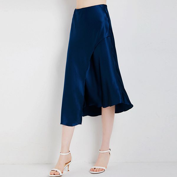 

skirt women 100% heavy silk asymmetric design solid elastic waist oblique split elegant skirt 2 colors new fashion, Black