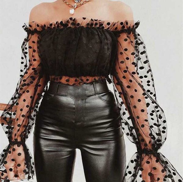 

women summer casual polka dots print mesh patchwork puff sleeve blouses fairy lady off shoulder ruched shirts, White