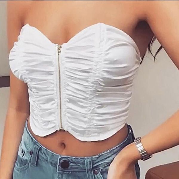 Hot Luxo Verão Sem Mangas Womens Zip Off Shoulder Colete Crop Top Top Tops Solid Bras Bustier Partido Dobra Sexy Roupas Quentes